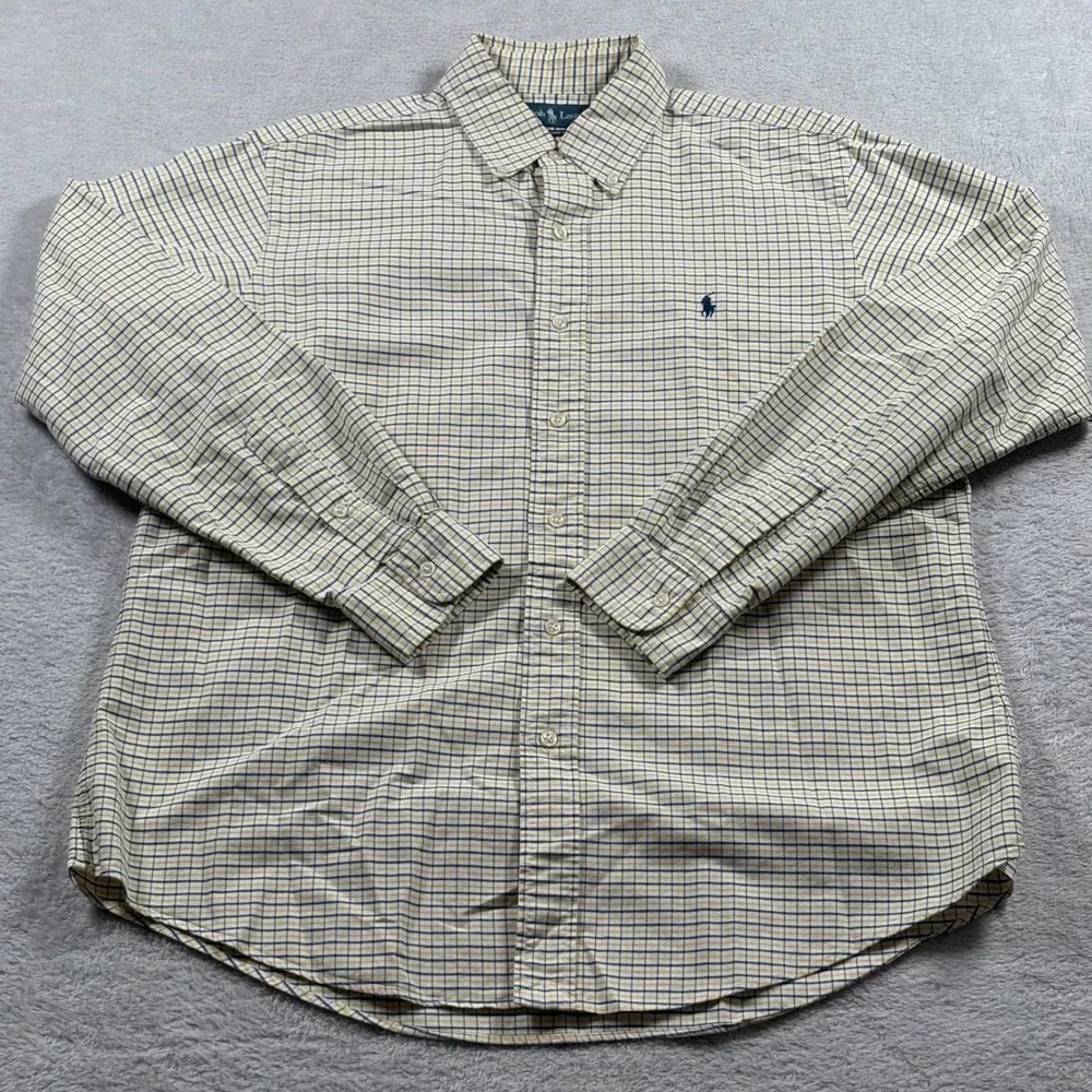 Polo Ralph Lauren Mens Custom Fit Button Down Shirt Yellow Navy Check Large